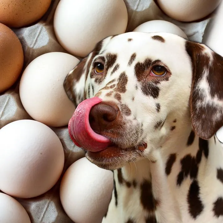 a dog licking his lips with a picture of eggs