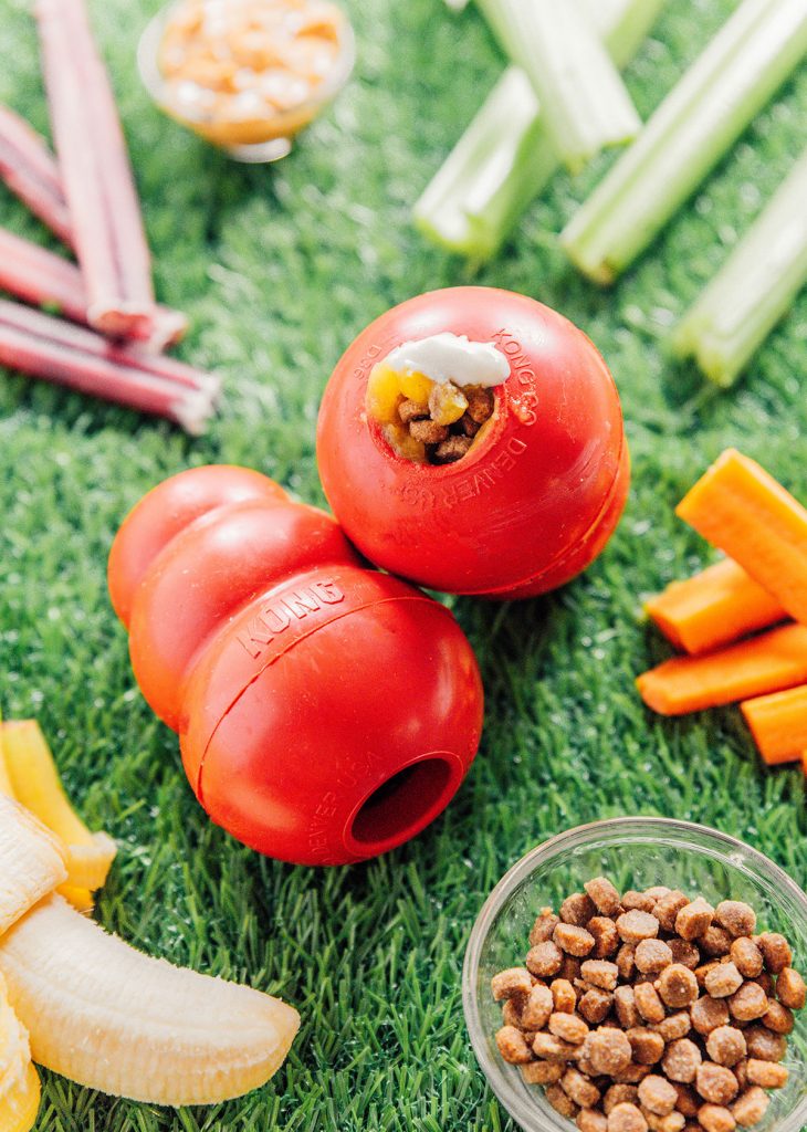 Two fully loaded KONGs on the grass with various ingredients scattered around including celery sticks, carrot sticks, kibble,, and a banana