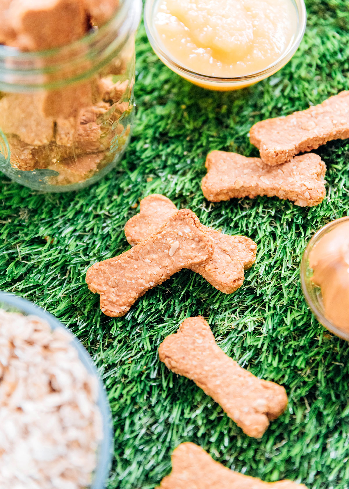 close up of dog biscuits on grass and surrounded by the ingredients.