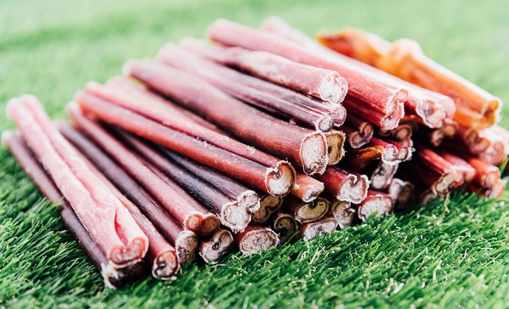 A pile of bully sticks sitting on grass.