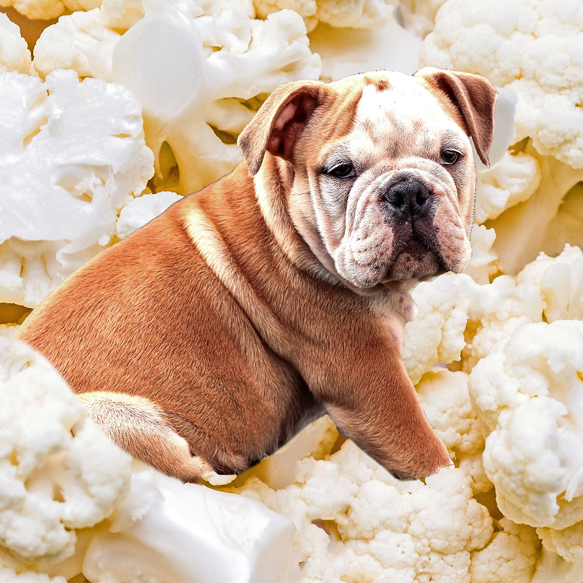 A bulldog sitting in a pile of cauliflower