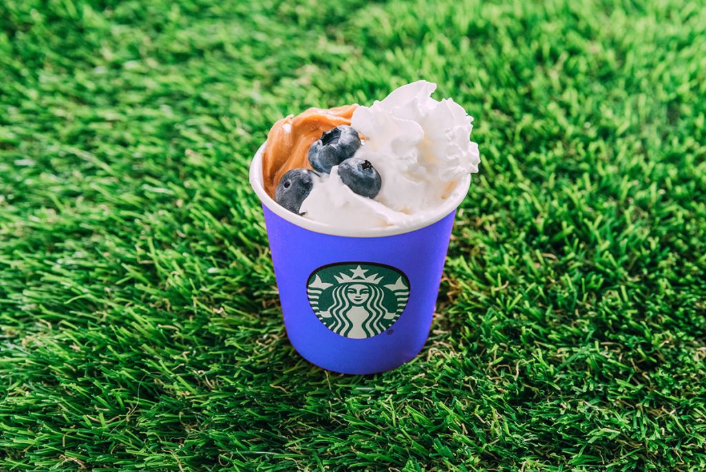 Pb and J pup cup with whipped cream, blueberries, and peanut butter.