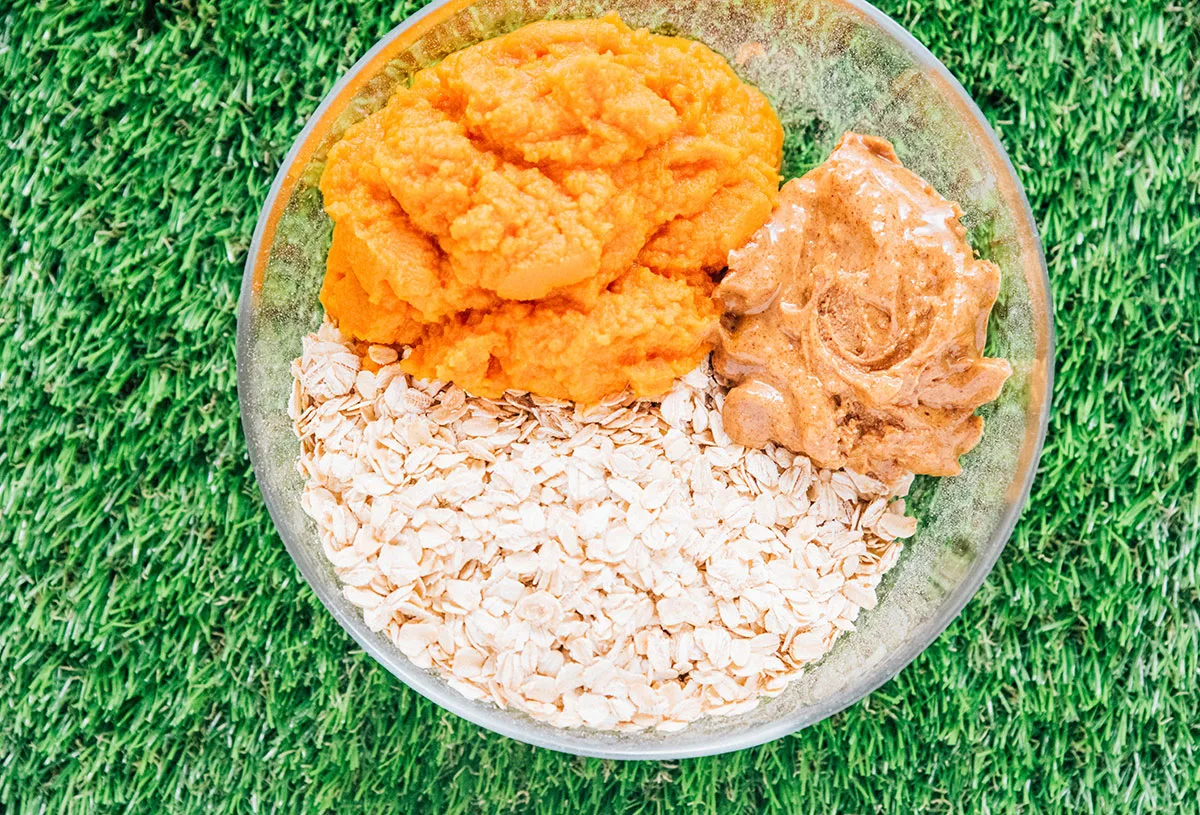 A bowl with pumpkin, almond butter, and oats in it.