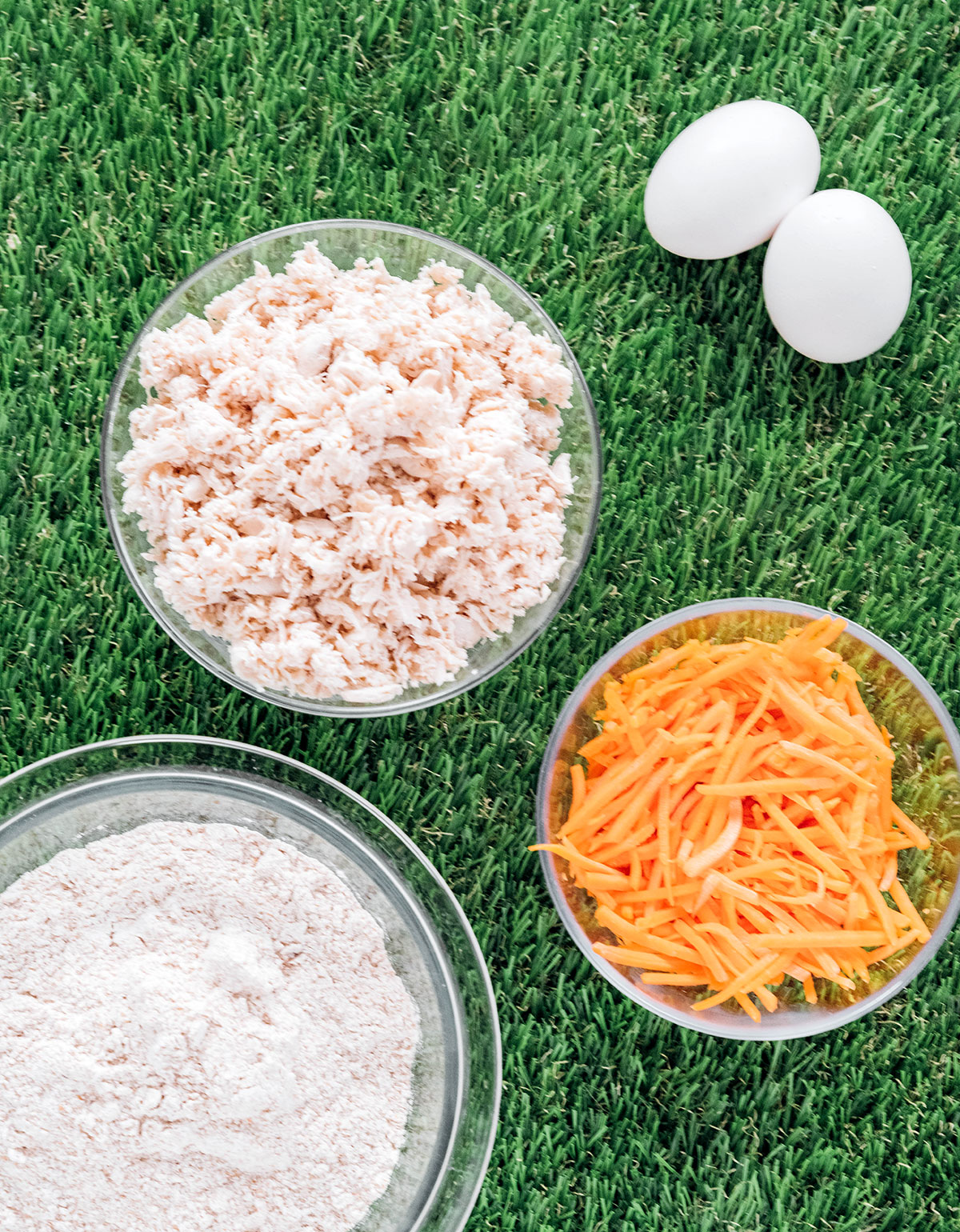 Ingredients for these treats including shredded chicken, carrots, flour, and eggs.