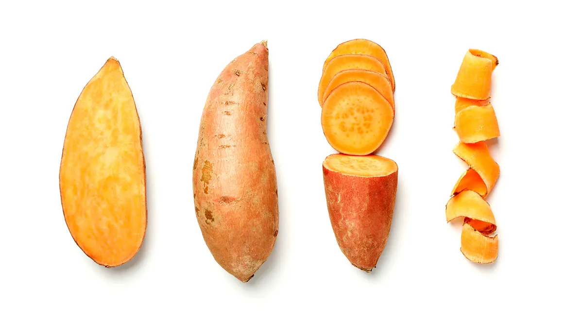 Various ways of cutting sweet potato on a white background