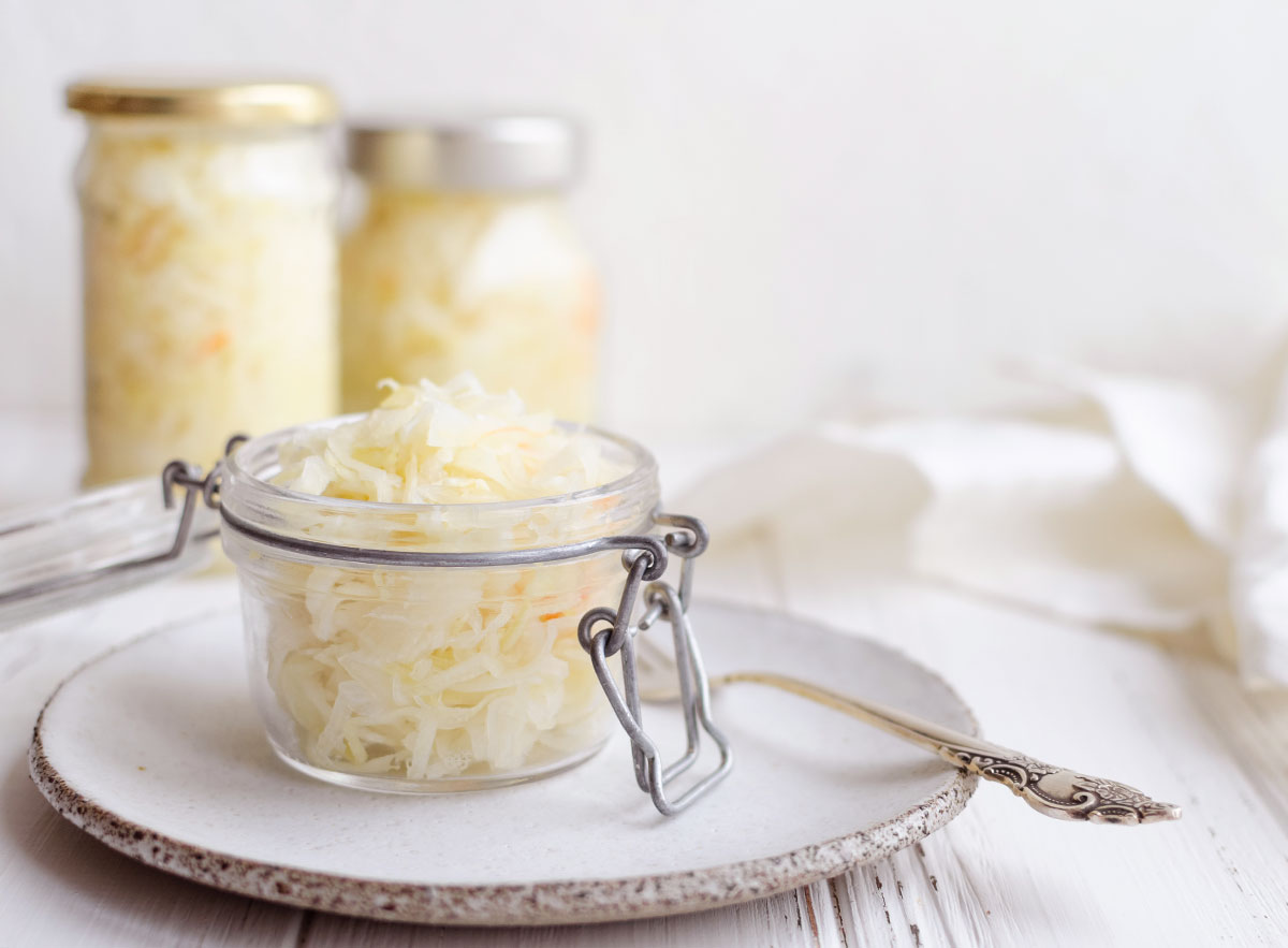 Glass jar of sauerkraut.