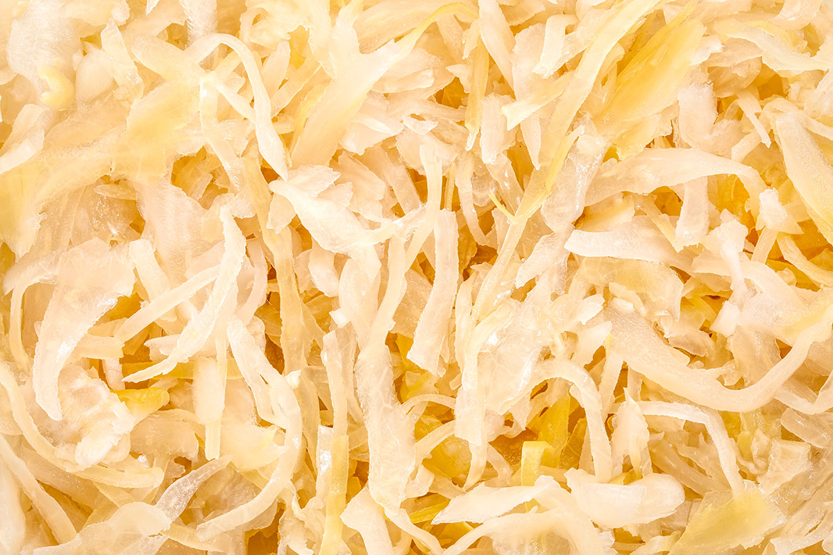 Closeup photo of sauerkraut.