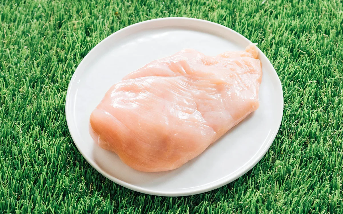 Uncooked chicken breast on a plate.
