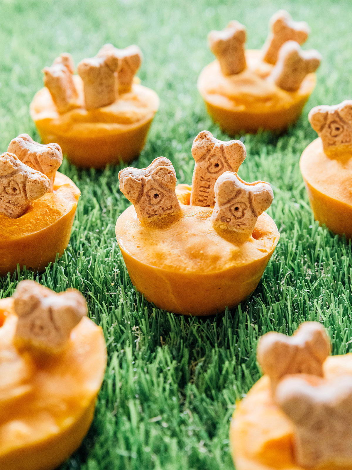 Multiple Orange Halloween dog treat cups with bone treats sticking out sitting on a grass.