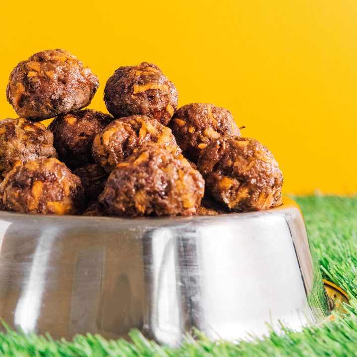Meatballs for dogs in a bowl on grass.