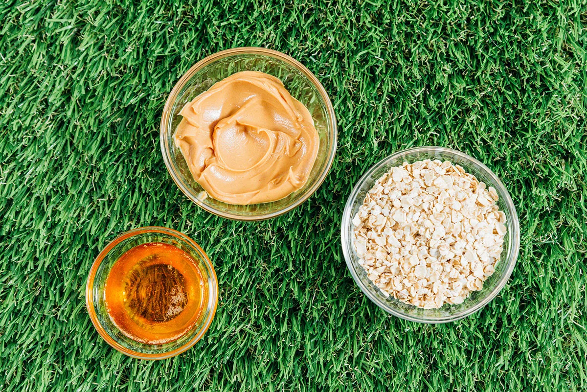 Fish oil, peanut butter, and rolled oats on grass.