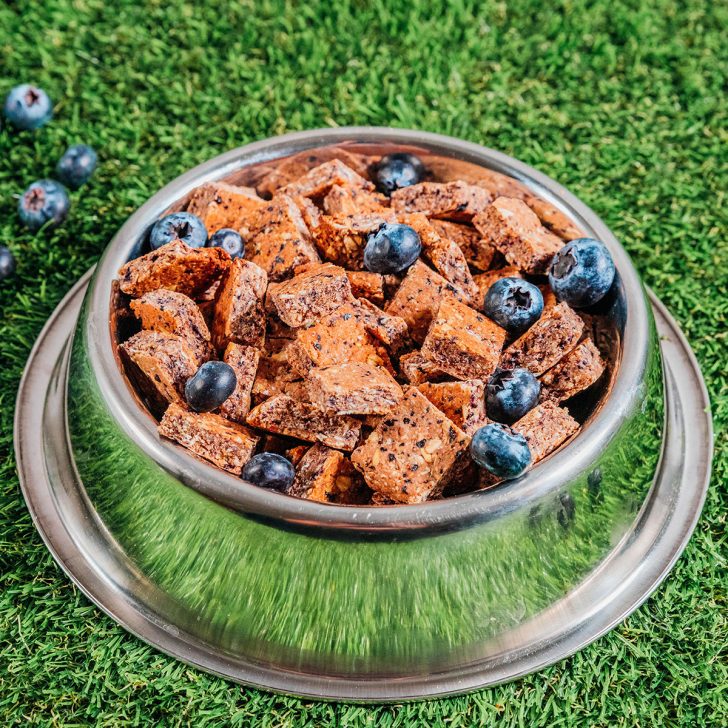 Blueberry dog treats in a metal bowl.