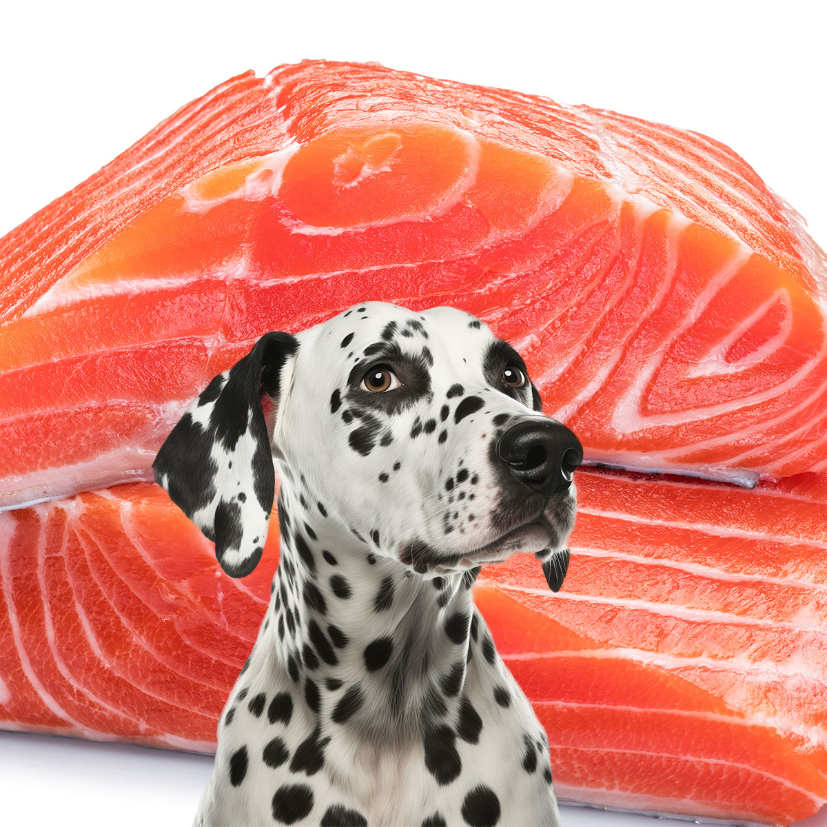 Dalmatian dog in front of salmon.