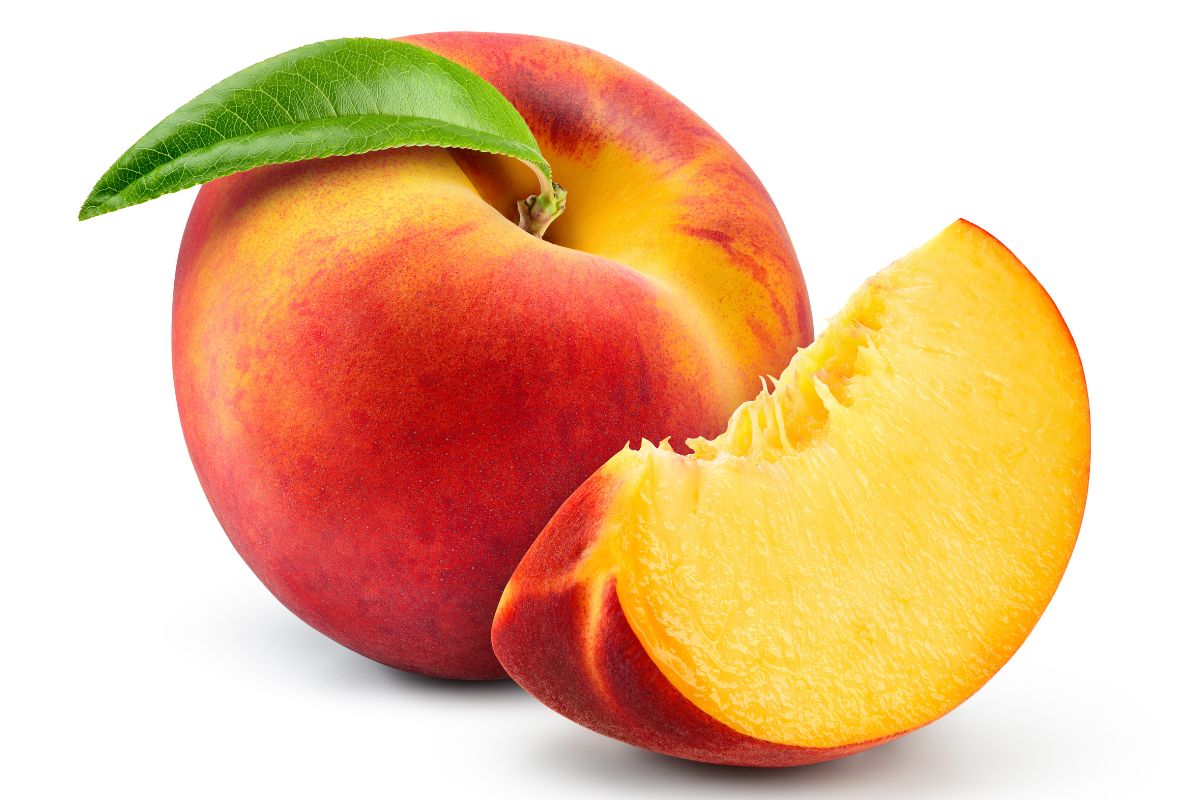 A peach on a white background.