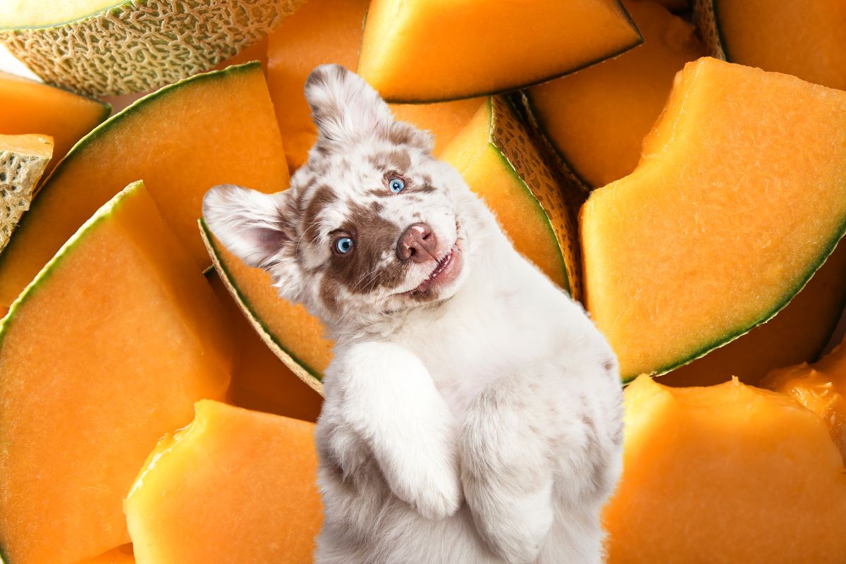 Dog in front of cantaloupe cubes.