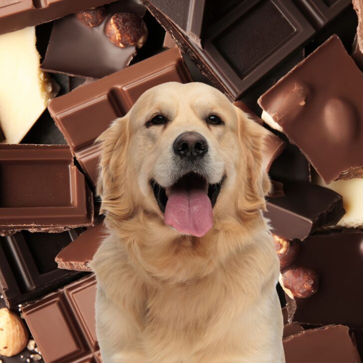 Golden retriever in front of lots of chocolate.