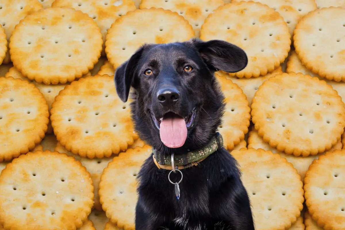 Black dog in front of many ritz crackers.