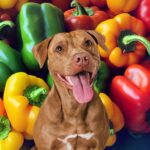 Brown dog in front of many sweet peppers.